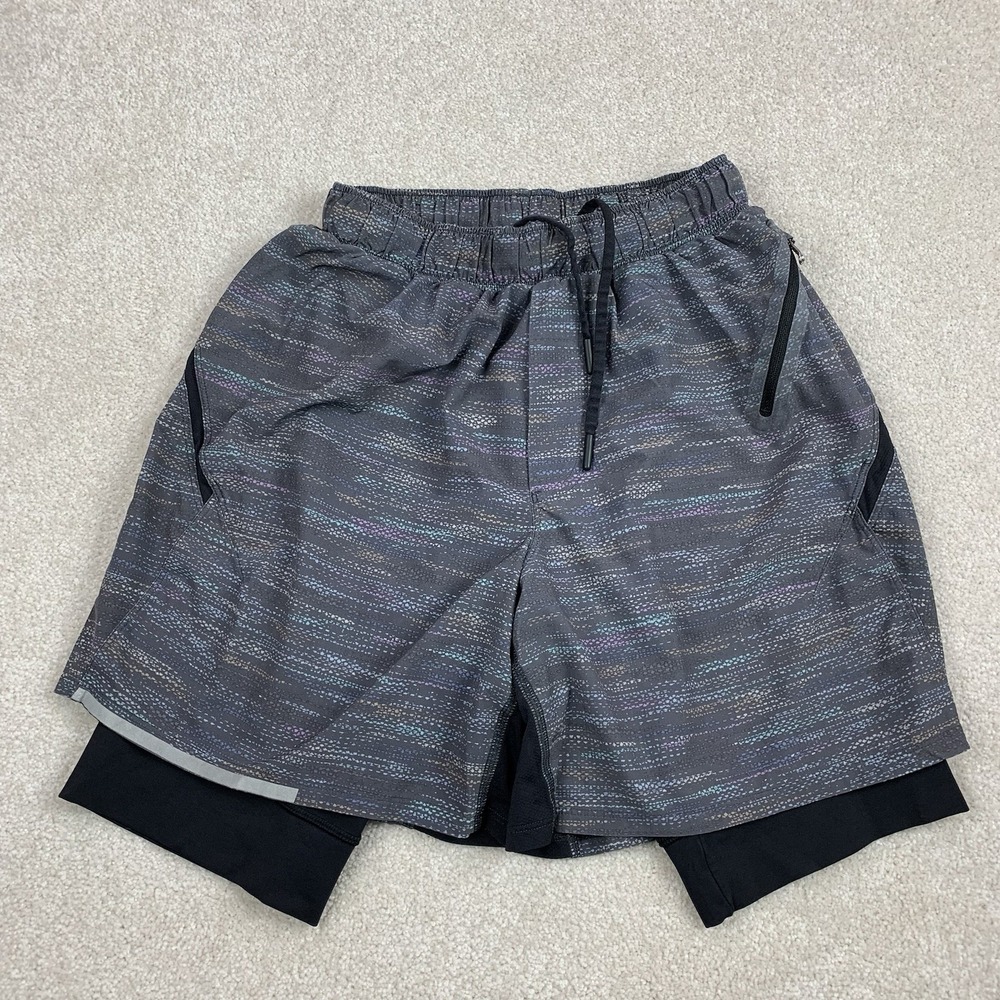 Lululemon Surge Short 2-in-1 Men S Gray Multi Glitch Print Running Athletic 6in
